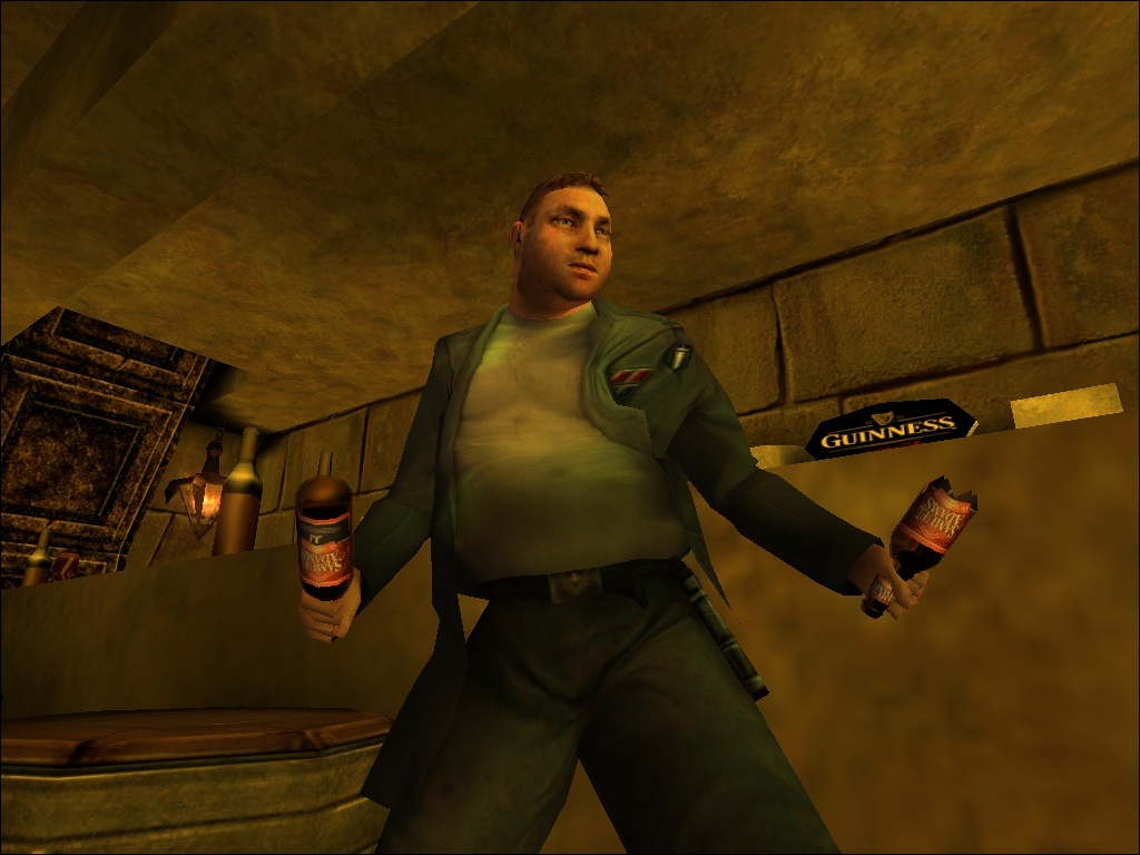 A screenshot showing a character holding a broken and unbroken beer bottle as a weapon.