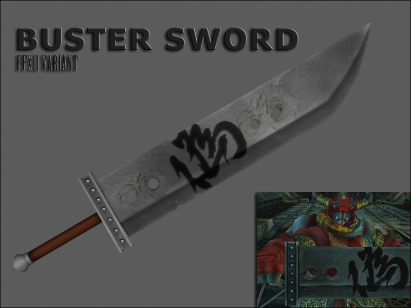 A render of the Buster Sword showing a comparison screenshot with the Final Fantasy XII version.
