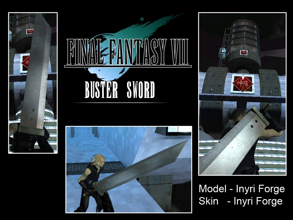 A compilation screenshot of the Buster Sword in-game from several angles.