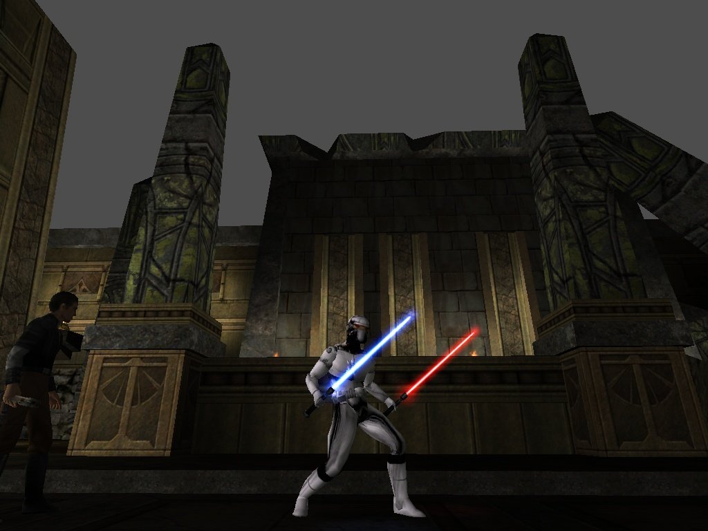 The Composite Soldier skin seen in-game from the front holding two lightsabers.
