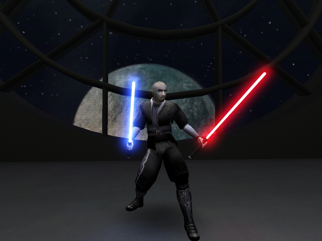 The bald version of the Dark Lord skin in-game from the front.
