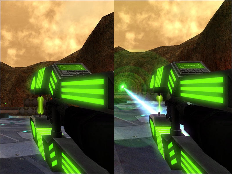 An in-game screenshot of the gun in first person, showing the firing effect.