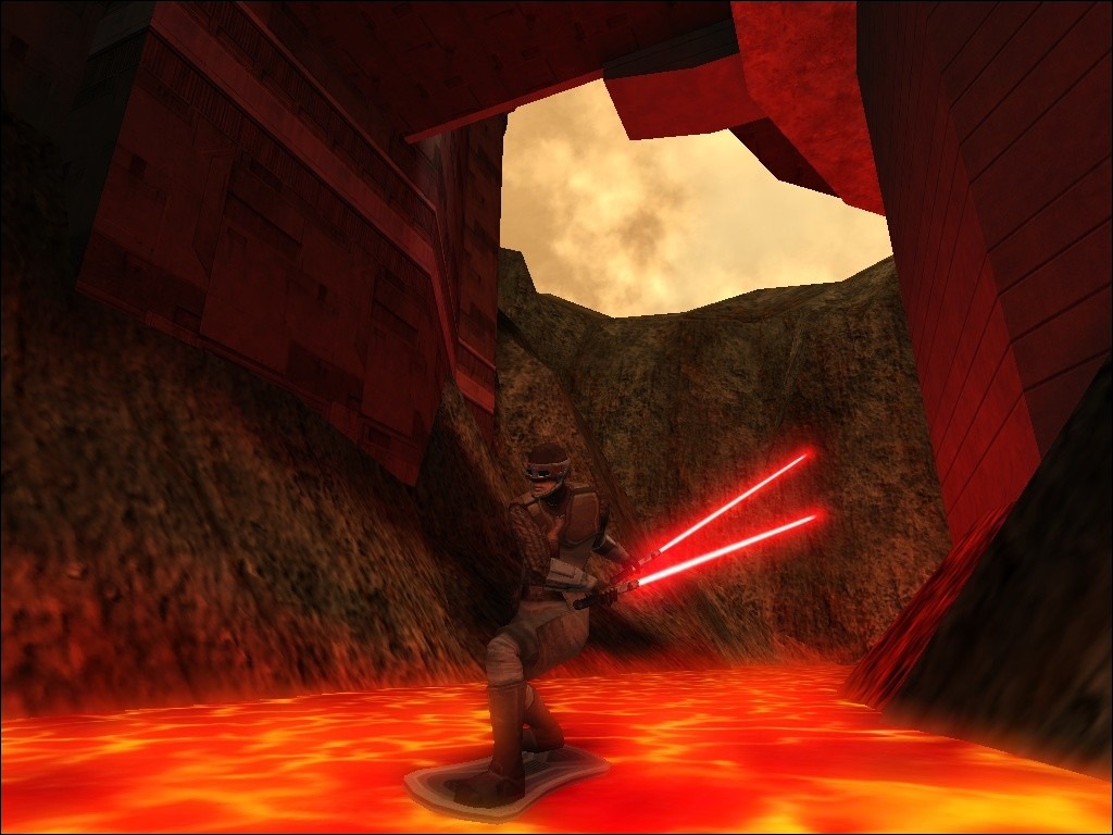 A guy with two lightsabers hovering over some lava on a hoverboard.