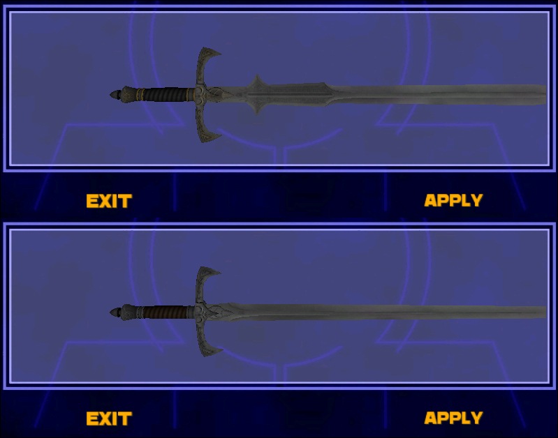 An in-game screenshot from the saber select menu showing two longswords.