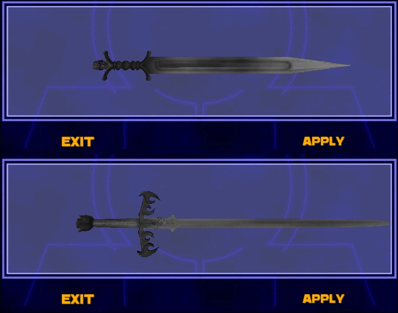 An in-game screenshot from the saber select menu showing a shortsword and a longsword.