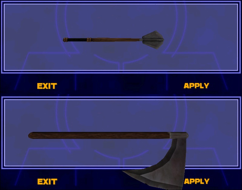 An in-game screenshot from the saber select menu showing a mace and an axe.