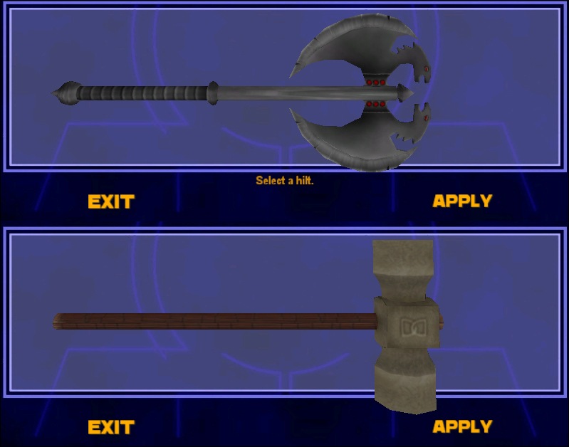 An in-game screenshot from the saber select menu showing a dragon-shaped axe and a warhammer.