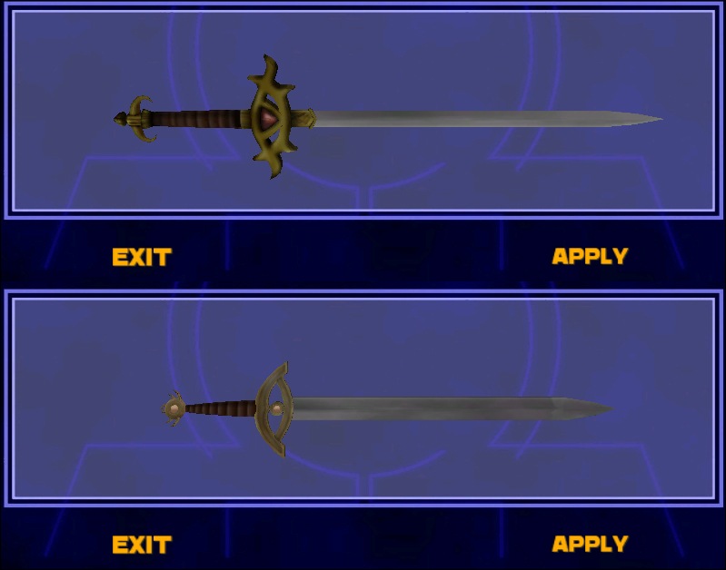 An in-game screenshot from the saber select menu showing Aribeth's two swords from Neverwinter Nights.