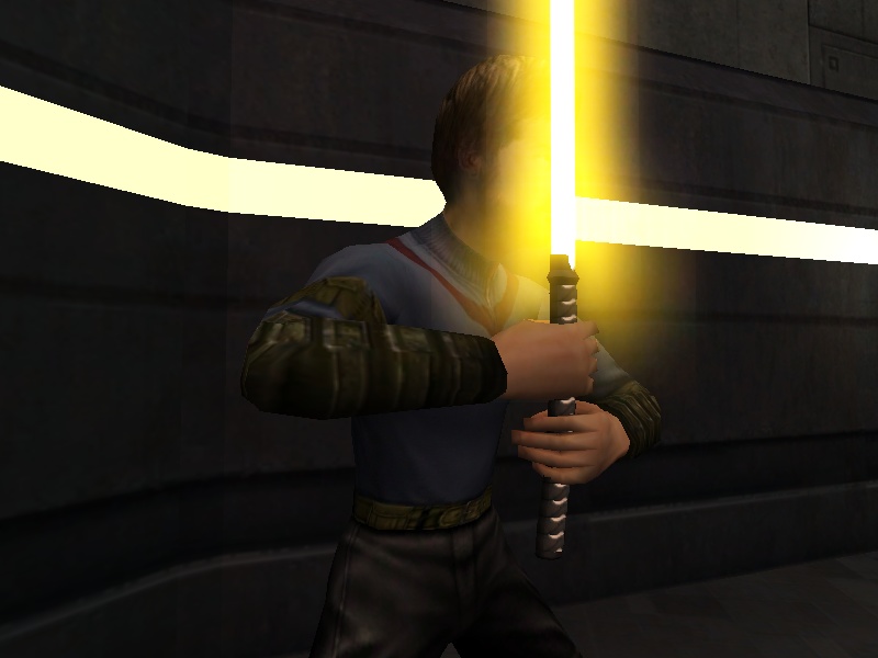 An in-game screenshot showing the lightsaber blade coming out of the katana hilt.
