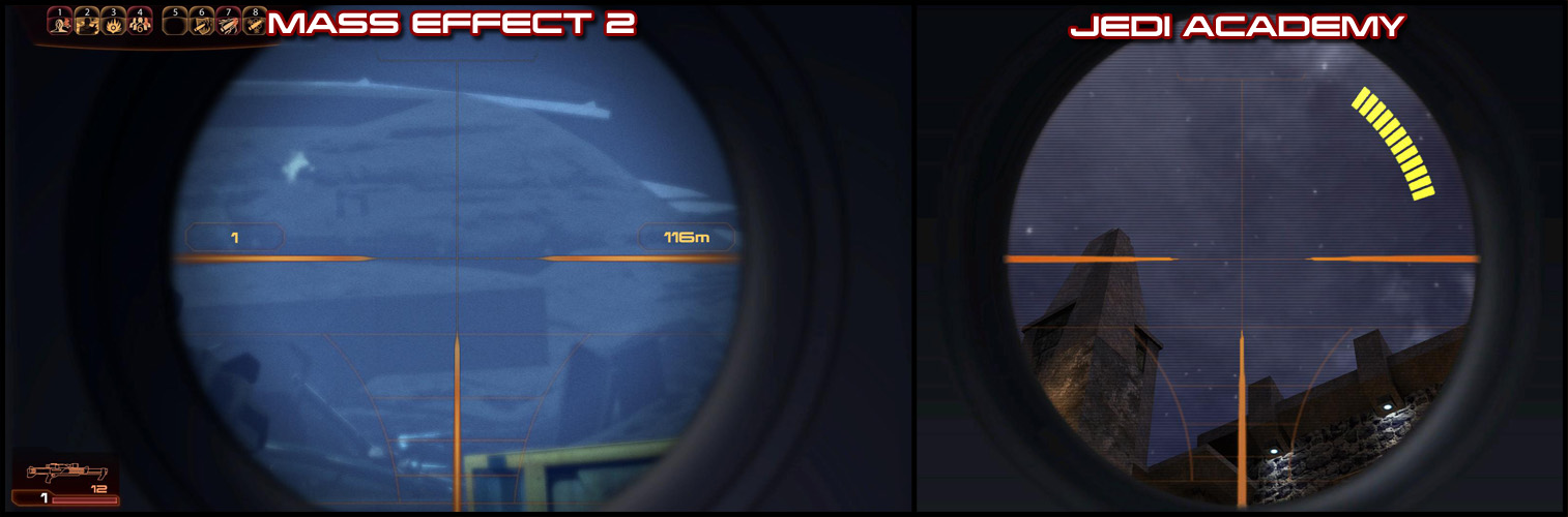 A comparison screenshot between the scope from Mass Effect 2 and the mod created for Jedi Academy.
