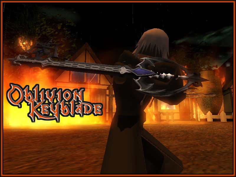 An in-game screenshot of the Oblivion keyblade from the front.