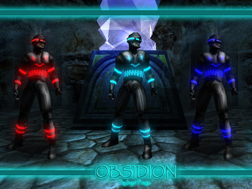 A compilation screenshot showing the Obsidion skin and both team colors in-game from the front.