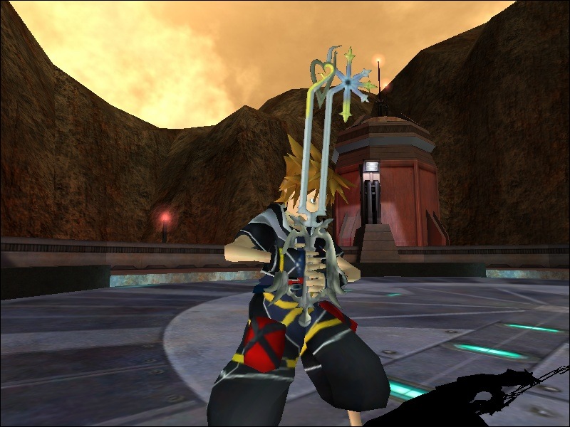 An in-game screenshot showing the Oathkeeper keyblade from the front.