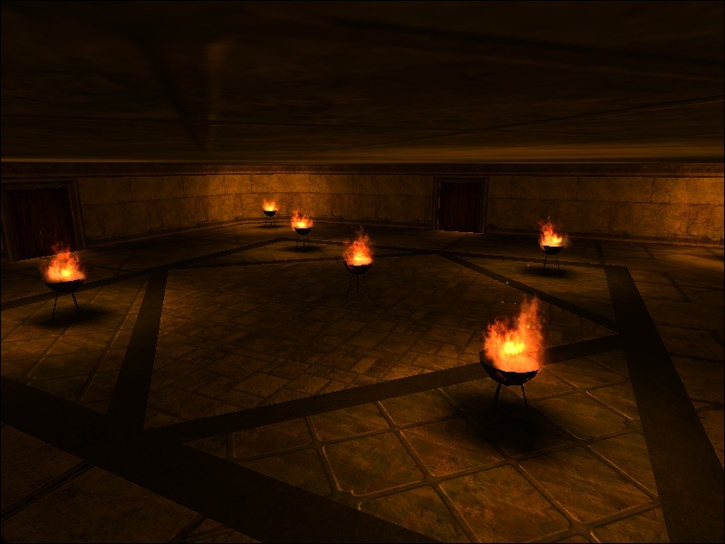 A screenshot of the map showing several lit braziers.
