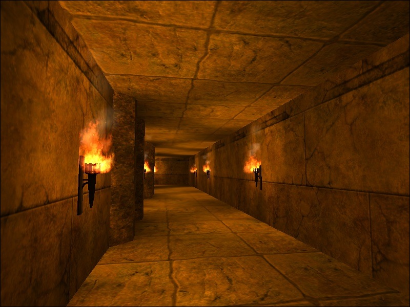 A screenshot of the map showing a corridor lit with wall torches.