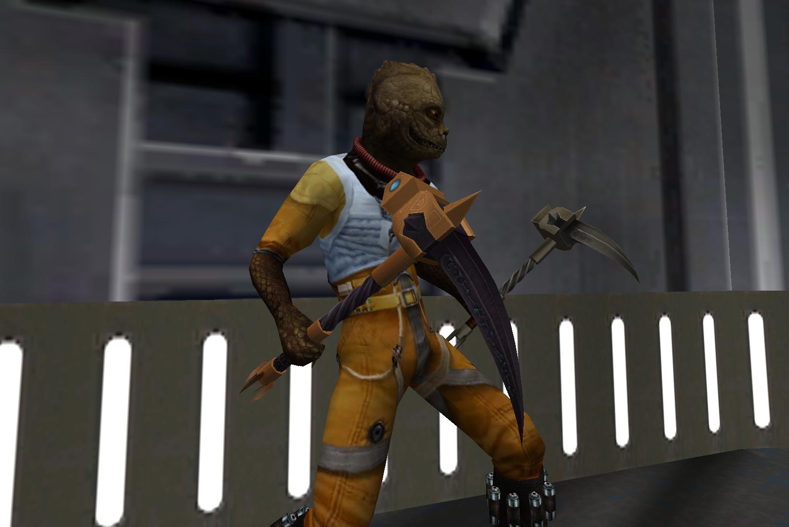 An in-game screenshot showing a character holding both variants of the pickhammer.