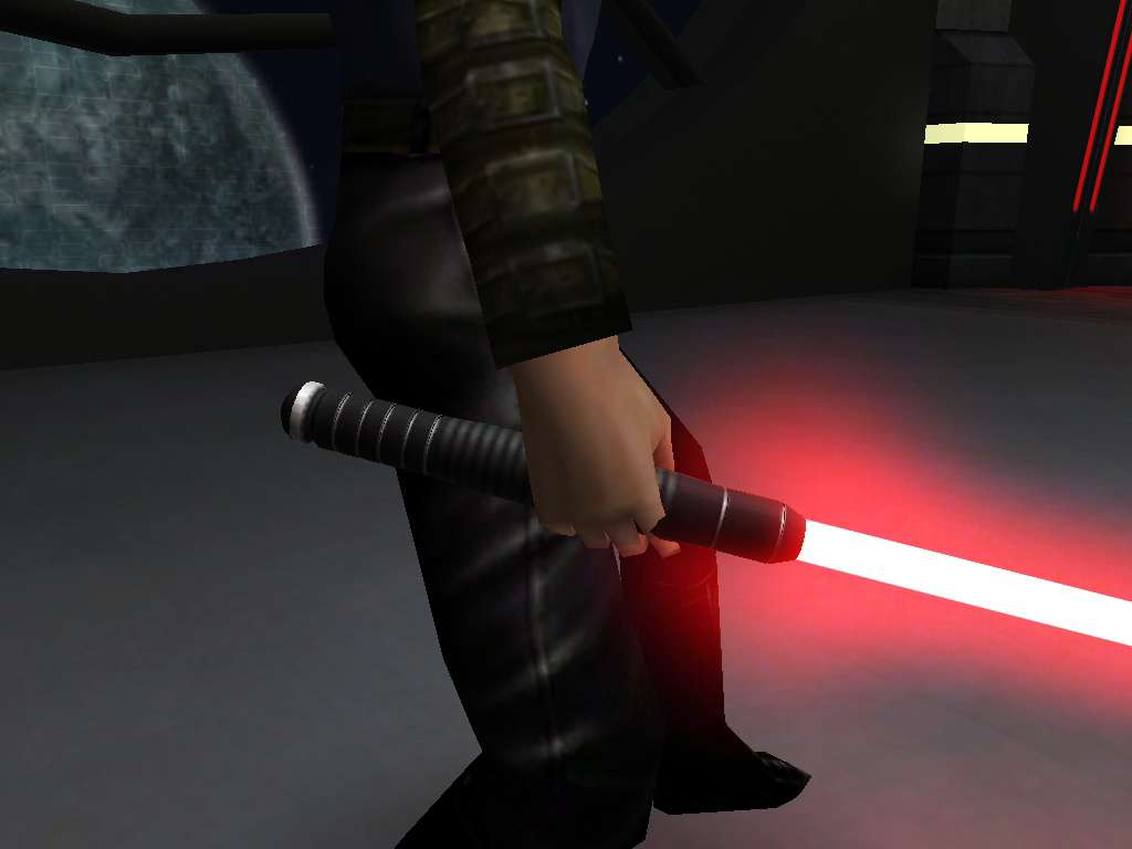 An in-game screenshot showing the hilt with a red lightsaber blade.