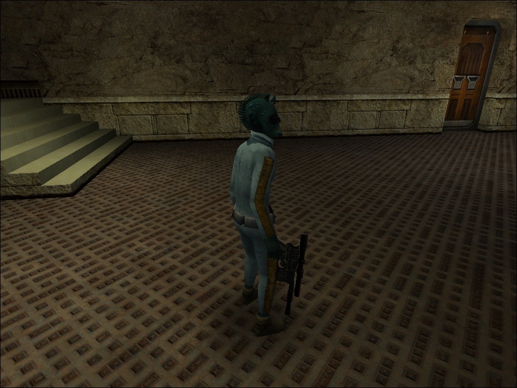 A screenshot of the Rodian model in multiplayer from the back, showing that it has no vest.