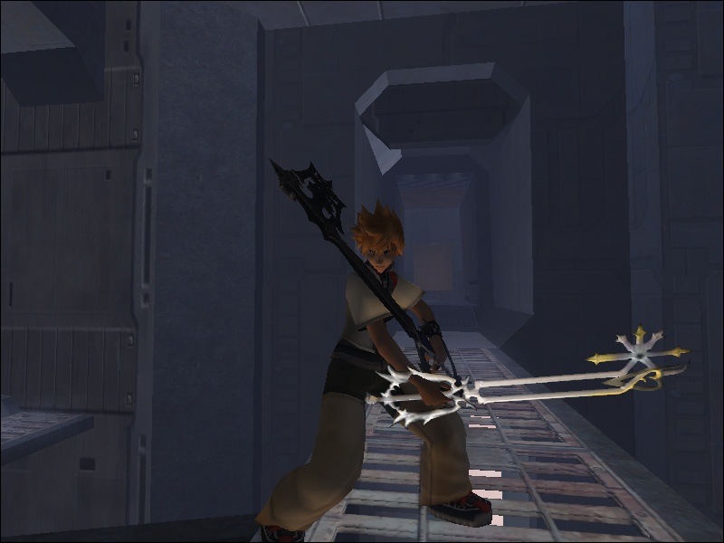 In-game Roxas from the front with two keyblades.