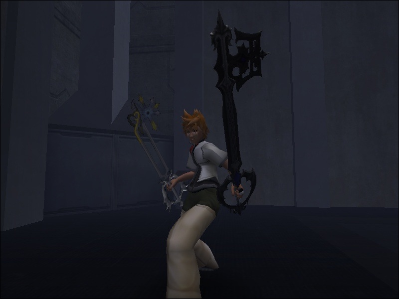 In-game Roxas from the side with two keyblades.