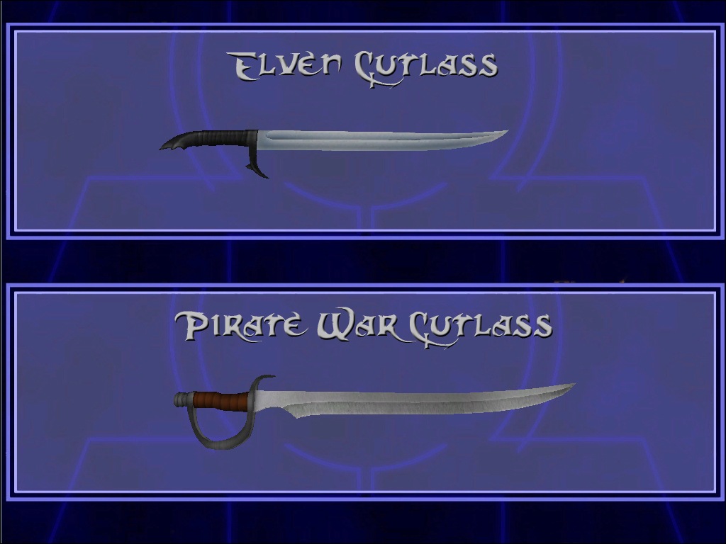 An in-game screenshot from the saber select menu showing a shortsword and a longsword.