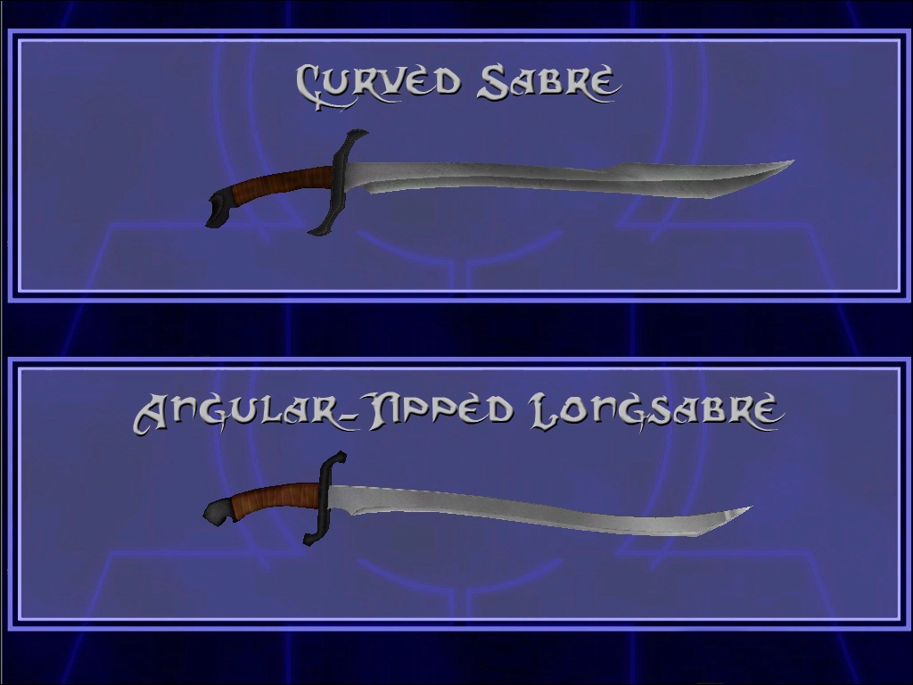 An in-game screenshot from the saber select menu showing a mace and an axe.
