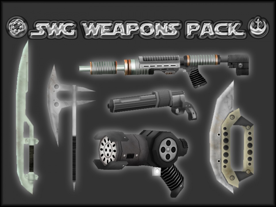Renders of all six weapons in the pack.
