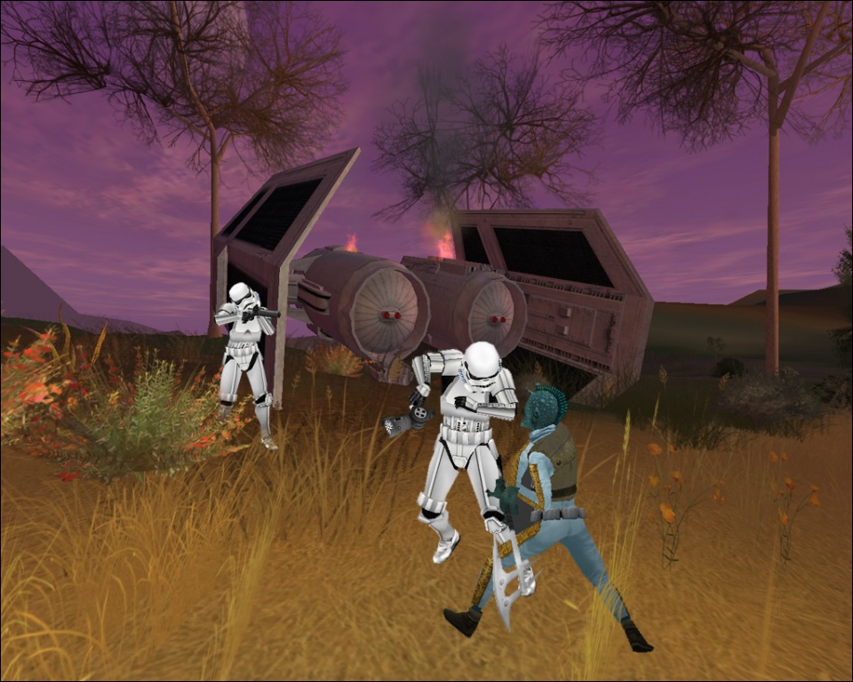 A photoshopped screenshot of three characters using the EE3 carbine, scatter pistol, and executioner's hack.