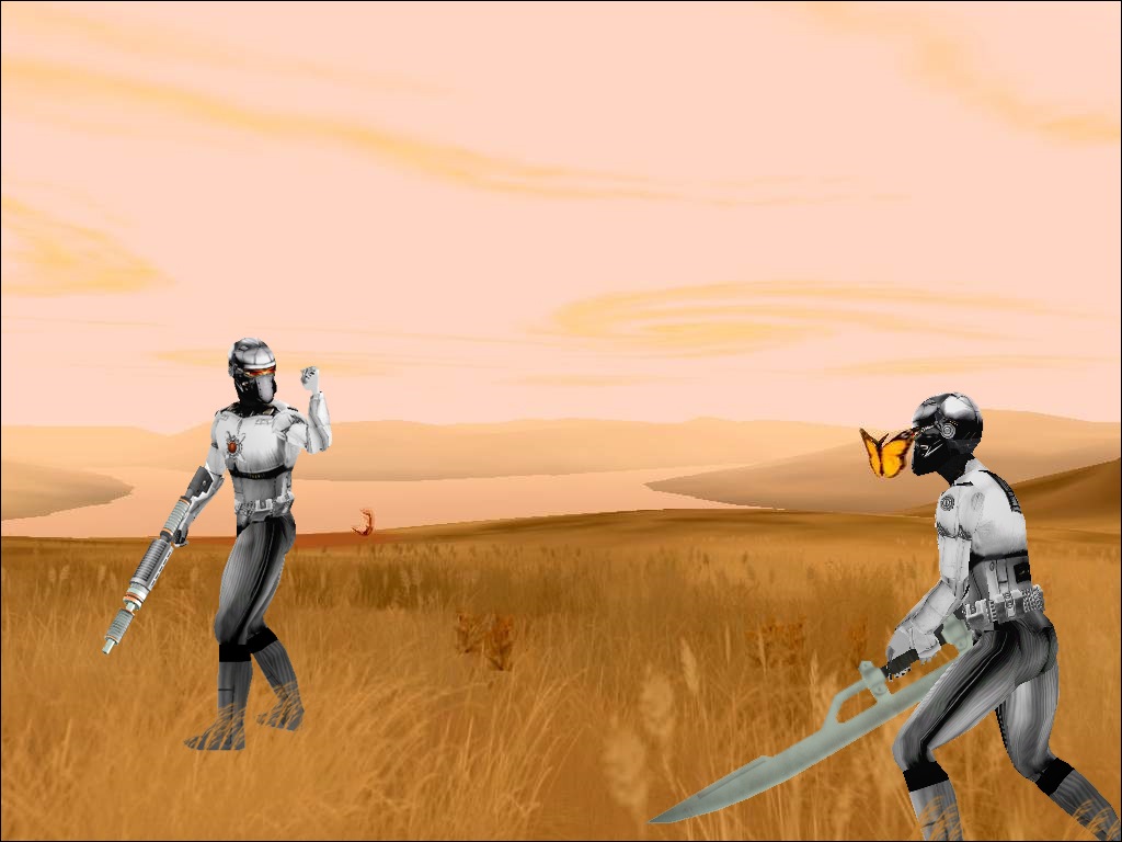 A photoshopped screenshot of two characters using the light lightning cannon and scythe.