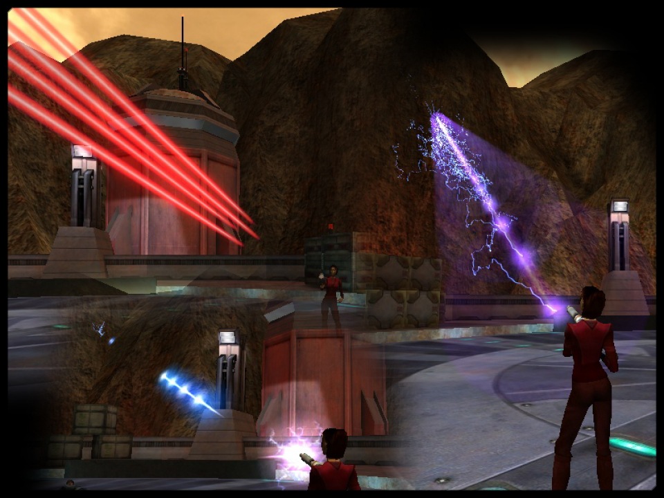 An in-game screenshot showing the custom shot effects for the three guns.