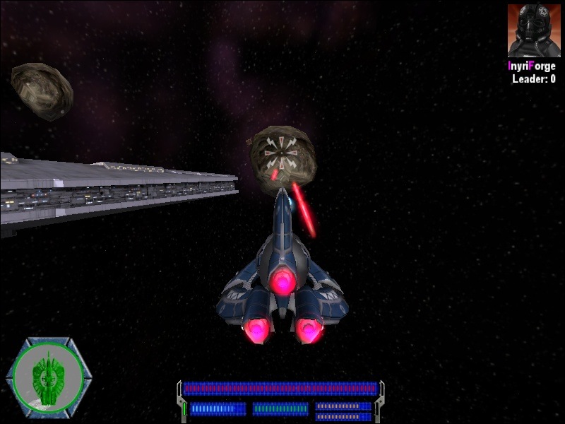 The droid tri-fighter in combat, showing the HUD.