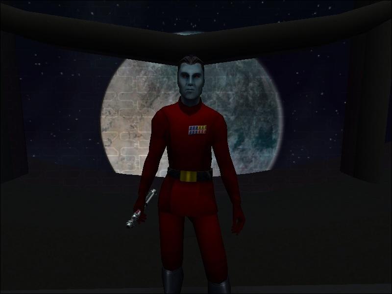 The red Grand Admiral Thrawn team skin in-game from the front.