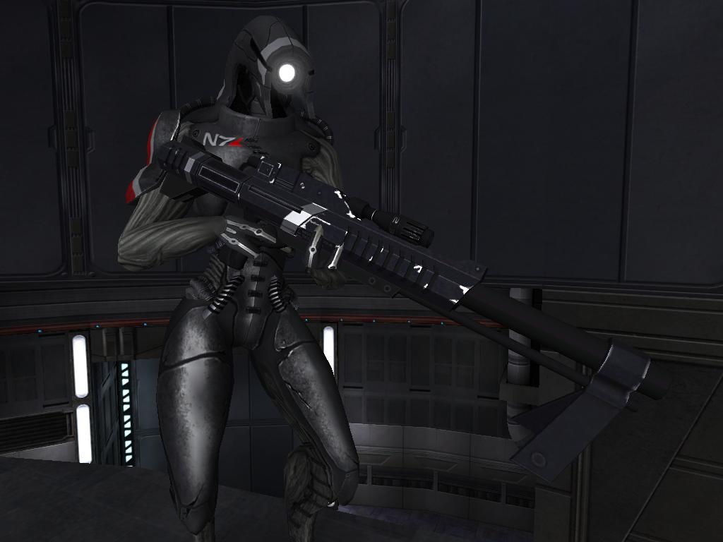 An in-game screenshot of the rifle with an alternate Black Widow skin from Mass Effect 3.