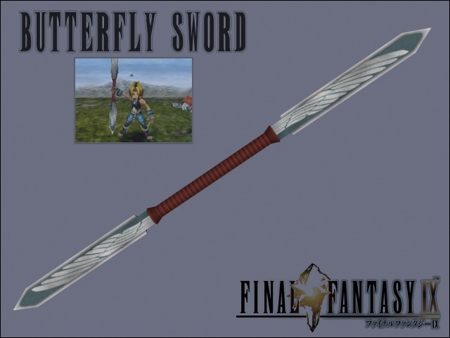 A render of the Butterfly Sword next to a screenshot of the weapon in FF9.